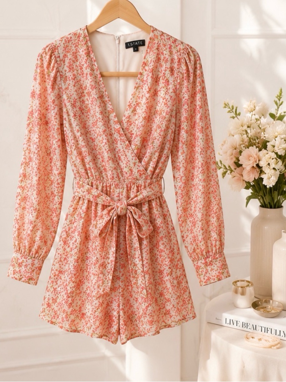1.STATE Pink & Cream Floral Wrap Romper